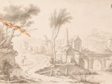 dessin représentant un paysage avec un pont et un château au loin