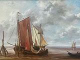 un tableau représentant un bateau sur la plage, avec d'autres bateaux dans l'eau