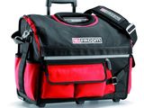 a red and black bag with a handle on it