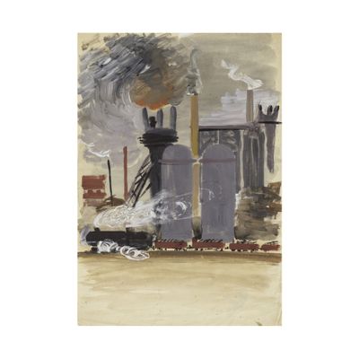 an image of a painting of a factory with smoke coming out of it