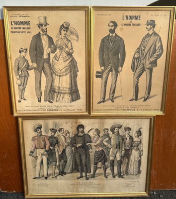 trois photos encadrées représentant des hommes et des femmes en tenue de cérémonie