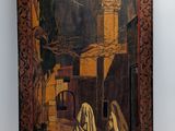 an old painting of two women walking down a street with a clock tower in the background