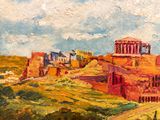 an oil painting of a building on a hill with a sky background