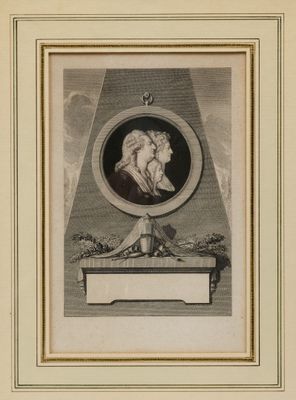 portrait of a man with a dog in a round frame