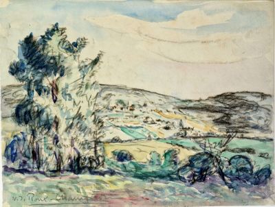 une image d'un tableau représentant un paysage avec des arbres au premier plan