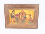 un tableau représentant un groupe d'enfants jouant dans le sable
