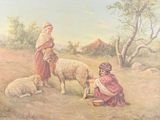 a painting of a man and a woman with sheep in a field