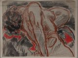 dessin représentant une femme nue allongée sur un lit avec un oreiller rouge