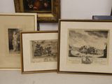three framed prints of a landscape and a picture of a castle