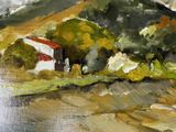 a painting of a house on the side of a hill