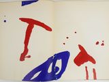 an open book with red, white and blue paint on it