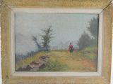 a picture of a painting of a woman on a hill