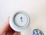 une personne tenant un vase bleu et blanc orné d'un motif bleu et blanc