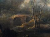 a painting of a bridge in the middle of a forest