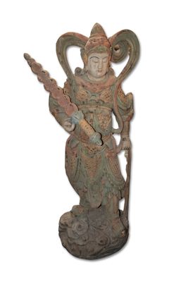 CHINE, XX° siècle Grande sculpture en bois sculpté polychrom…