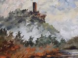 oil painting of a castle on a hill with a river in the foreground