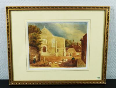 une image représentant un tableau représentant une scène de village, avec des moutons au premier plan et une église à l'arrière-plan
