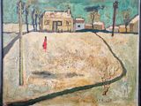 un tableau représentant une femme en robe rouge marchant dans la neige