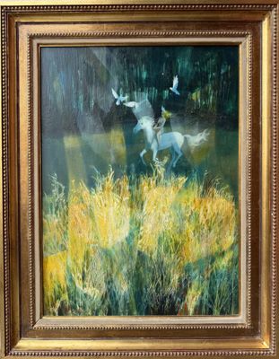 Tableau à l'huile encadré représentant un cheval blanc et son cavalier dans un champ