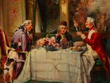 two men sitting at a table having a meal