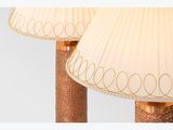 two lamps with a white shade on them sitting on a table