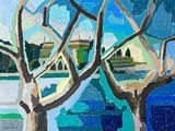 peinture représentant un tableau d'un arbre avec un ciel bleu en arrière-plan