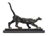 statue of a cat walking on a marble base on a white background
