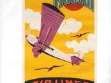 an old poster of a plane flying in the sky with clouds