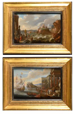deux tableaux représentant des bateaux dans un port, avec un château en arrière-plan