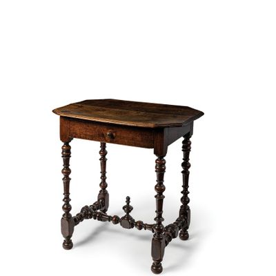 an old wooden table with a wooden top and turned legs