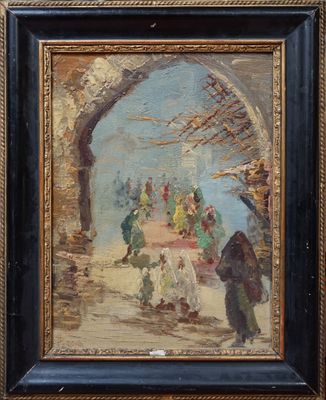 une peinture à l'huile représentant un groupe de personnes marchant dans une rue