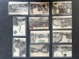 several black and white photographs of people and trains on a black surface