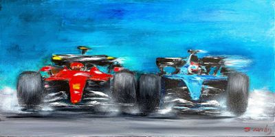une peinture représentant deux voitures de course sur un circuit