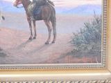a painting of a man riding a horse in the desert