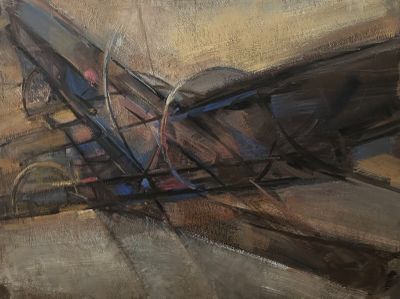 painting of a small airplane with a propeller on the ground