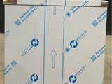 a white box with a blue and white logo on it