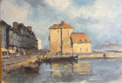 tableau représentant un bateau sur un plan d'eau, avec des bâtiments en arrière-plan