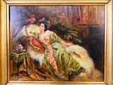 une peinture à l'huile représentant une femme en robe verte assise sur une chaise