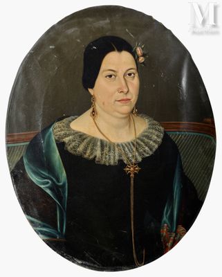 portrait of a woman in a black dress with a gold chain around her neck