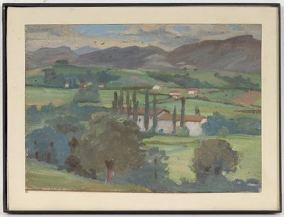 an image of a painting of a landscape with hills and trees