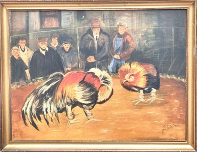 JC DELAUTRE (XXe). "Combat de coqs au gallodrome", huile sur…