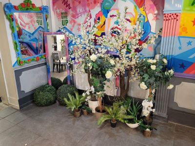 de nombreuses plantes et fleurs en pot devant une fresque murale
