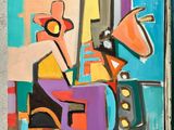 a painting of a man playing a guitar on a table