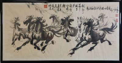 chinese ink painting of four horses galloping in the wind