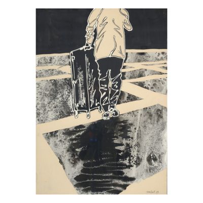 une image représentant un dessin en noir et blanc d'une personne avec une valise