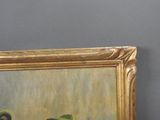 a painting on the wall of a room with a vase of flowers in it