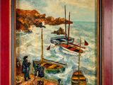 une peinture à l'huile représentant des bateaux sur l'eau près du rivage