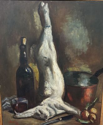 tableau représentant une nature morte avec un chien, un bol et une bouteille de vin