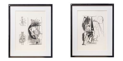 two framed drawings of a man and a woman sitting on a bench