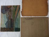 several pieces of old paper with a painting of a woman holding an umbrella